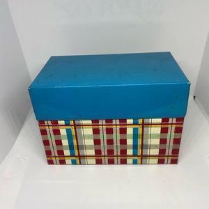 Vintage Tin 1950's Recipe Box Plaid Ohio Art Co Blue Red w/ Handwritten Recipes